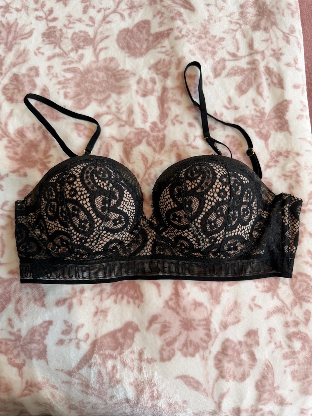 Victoria's Secret Black Lace Longline Push-Up Bra with Nude Lining